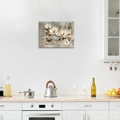 Floral Magnolia Bathroom Pictures Wall Art, Just Breathe Bathroom Wall Decor, Flower Butterfly
