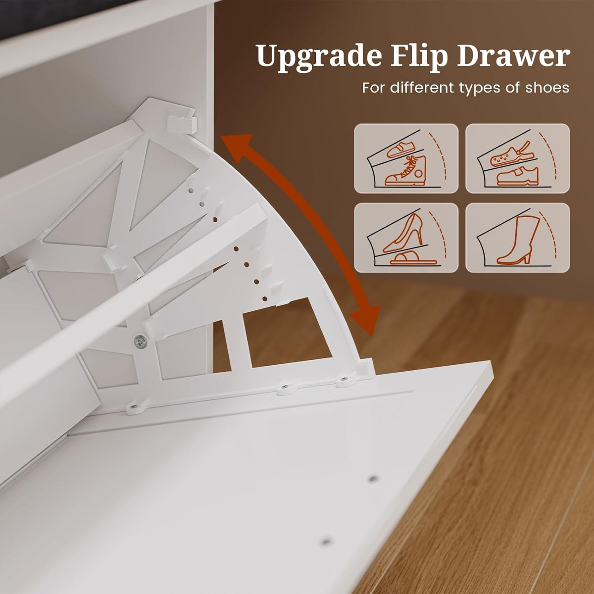 Farmhouse Storage Bench with Flip Drawers & Padded Seat Cushion, Half Hidden Shoe Rack Organizer