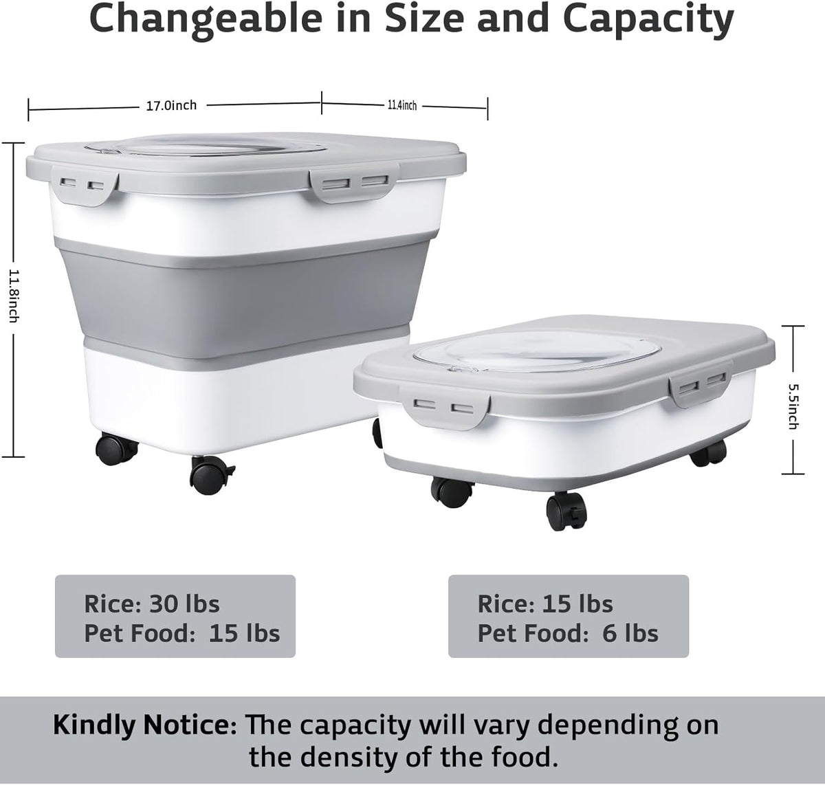 Rice Storage Containers, Collapsible 20 to 30Lbs Food Storage Bin Dispenser with Rolling Wheel and