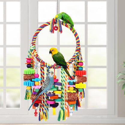 Bird Toys Bird Rope Ring Swing Perch with Corn Cob Cardboard Bagels Wooden Blocks Chewing Toys for