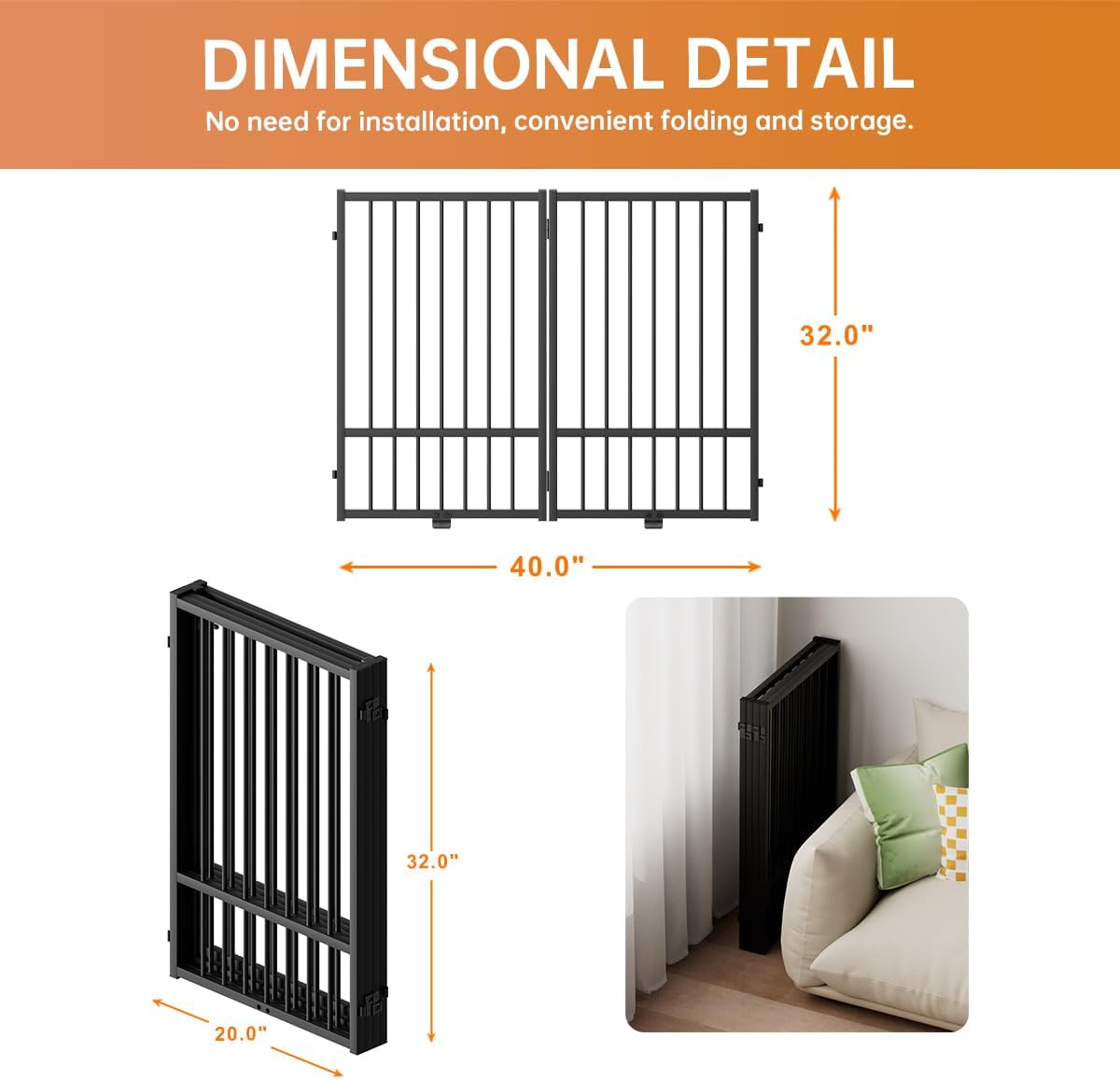 Full Metal Freestanding Dog Gate with Door, 32''Height Foldable Pet Dog Fence for Indoor & Outdoor