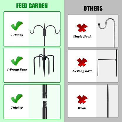 FEED GARDEN Adjustable Double Shepherds Hook for Outdoor with 5 Prong Base 76 Inch Heavy Duty Two