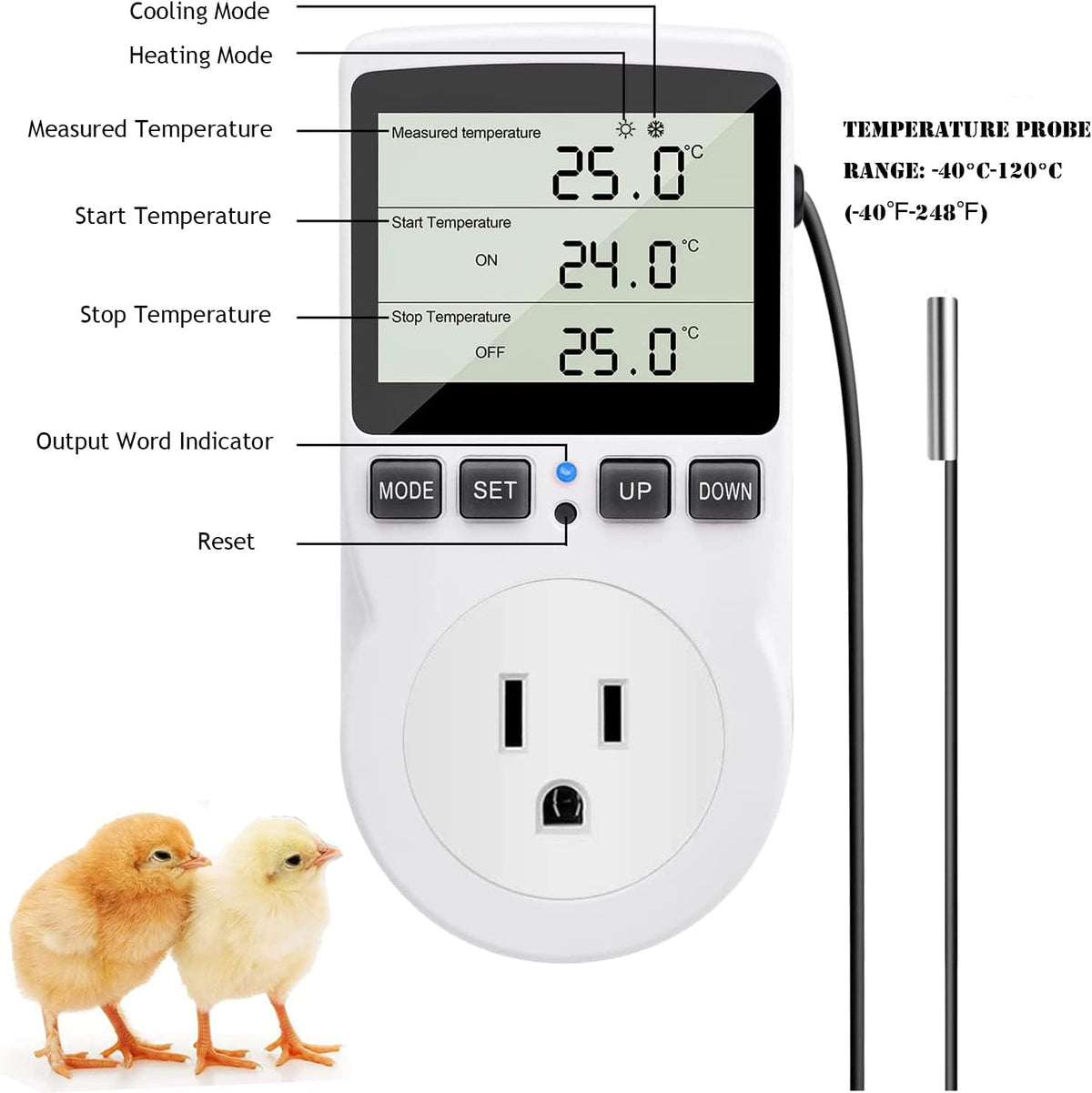 KABASI Digital Temperature Controller, LCD Screen Heating Cooling Reptile Thermostat with Sensor