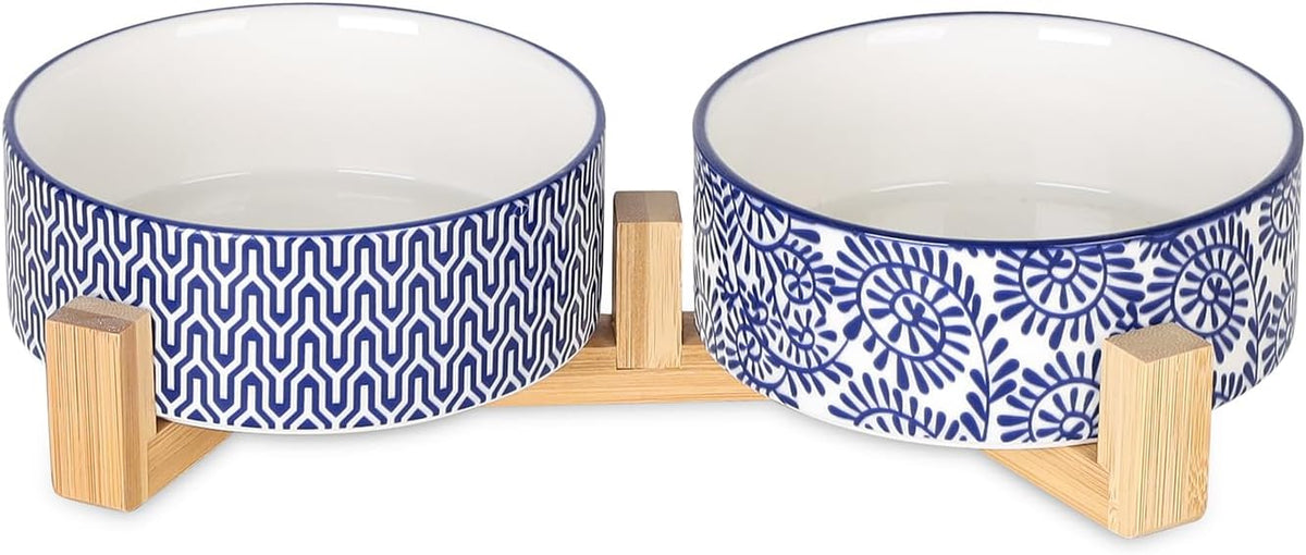 Selamica Ceramic 14 OZ Dog Bowls, Dog Food and Water Bowls with Wooden Stand, Anti-Slip Dog Dishes