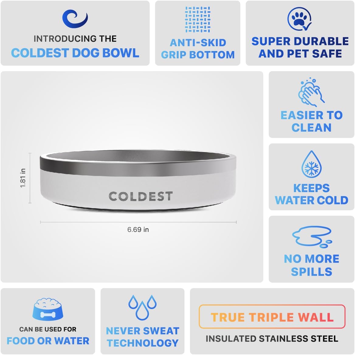 Coldest Dog Bowl - Anti Rust Metal, Non Slip, 3 Layers Insulated Stainless Steel Dog Bowls - Spill