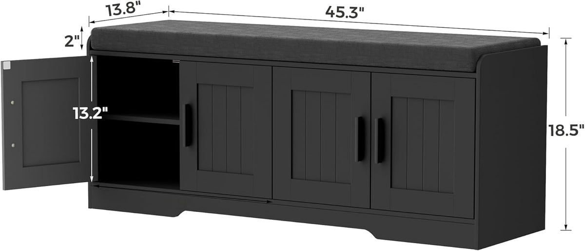 2-Tier Storage Bench, Shoe Bench with Thickened Padded Seat Cushion, Entryway Bench with 4 Doors