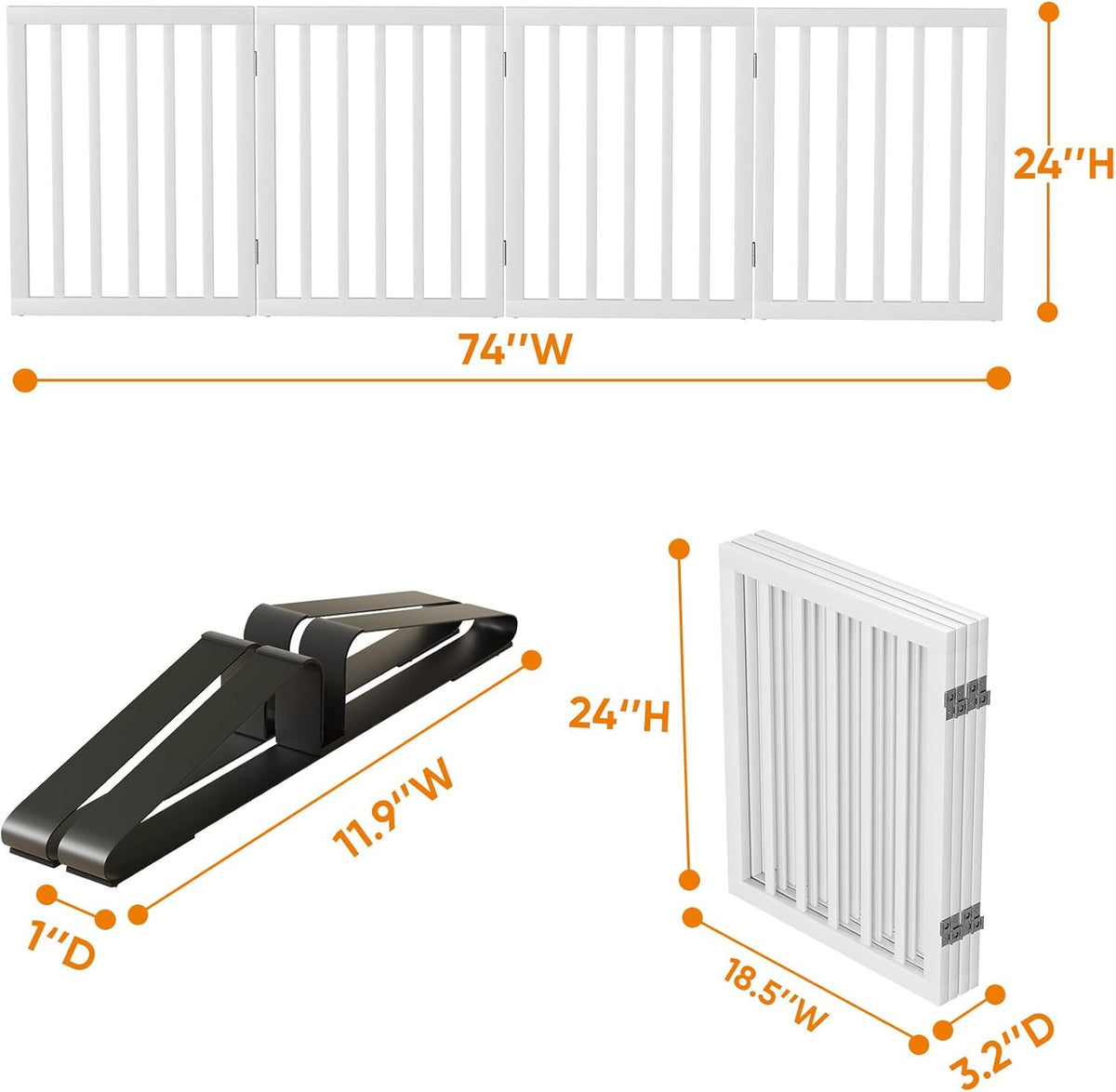 37-74" Wide Dog Gate 4 Panel Dog Gates for Stair Doorways House Indoor Freestanding Pet Gates for