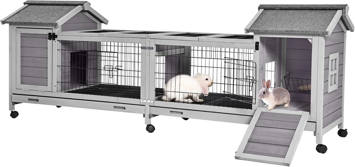 Wooden Rabbit Hutch with Wheels, Indoor Outdoor Bunny Cage with Removable Netting, Guinea Pig House