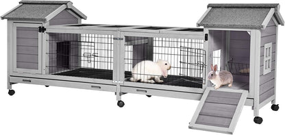 Wooden Rabbit Hutch with Wheels, Indoor Outdoor Bunny Cage with Removable Netting, Guinea Pig House