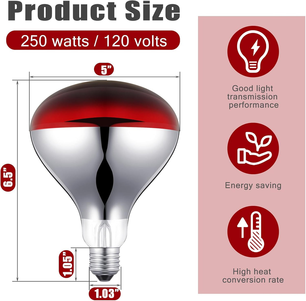 VIHOSE 1 Pack 250 Watt Heat Lamp 120v R40 Heat Lamp Bulbs Glass Incandescent Light Bulbs