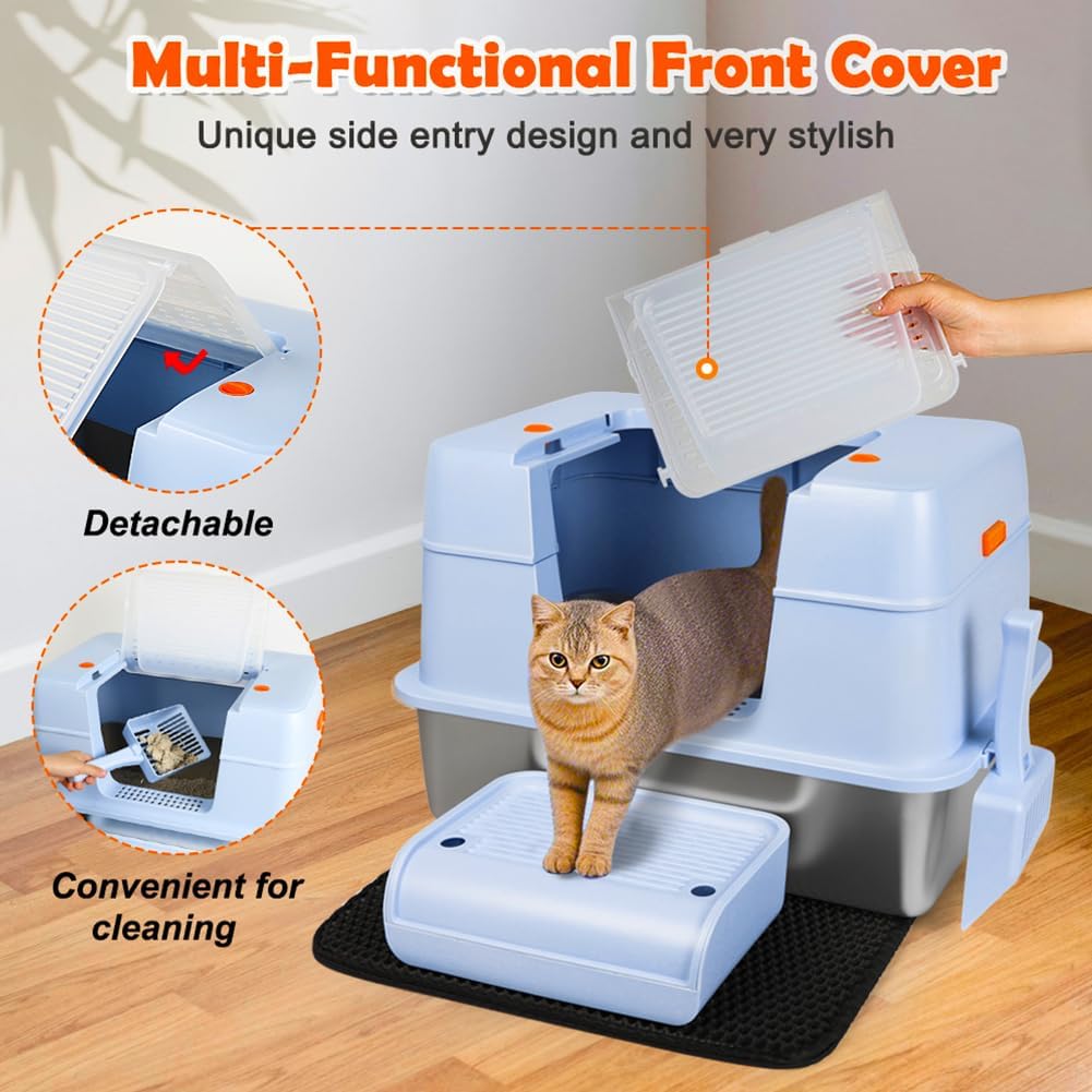 Vivifying Stainless Steel Litter Box with Lid, XL Side Entry Extra Large Litter Box for Big Cats &