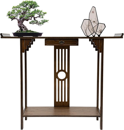 Console Table with Storage Shelves, 2 Tiers L 40.1” Narrow Sofa Table with Drawers, Bamboo Entryway