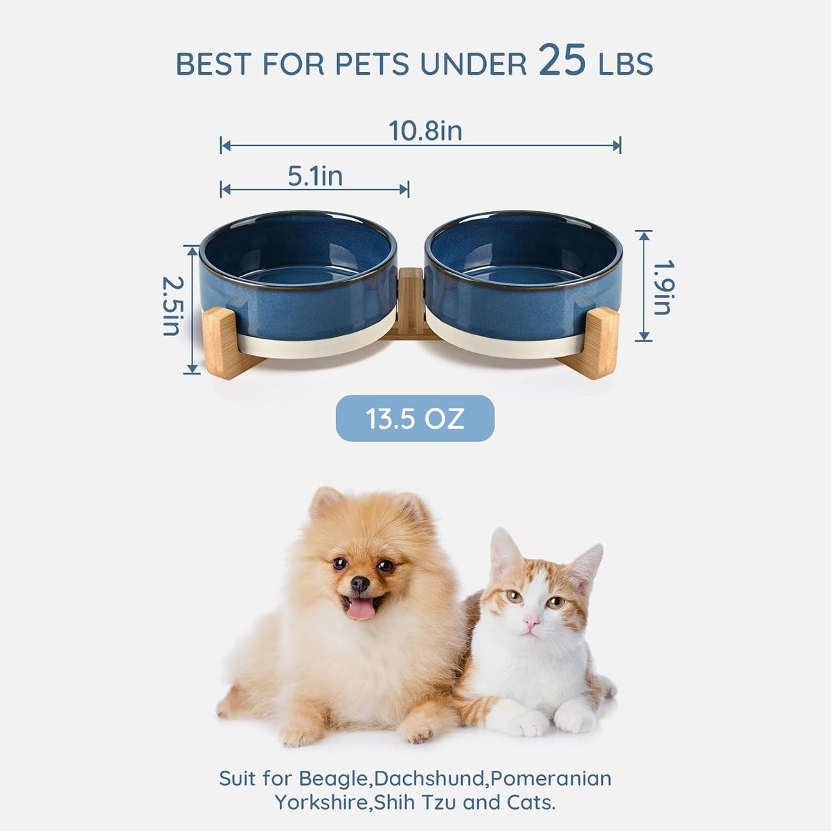 SPUNKYJUNKY Ceramic Dog and Cat Bowl Set with Wooden Stand, Modern Cute Weighted Food Water Bowl