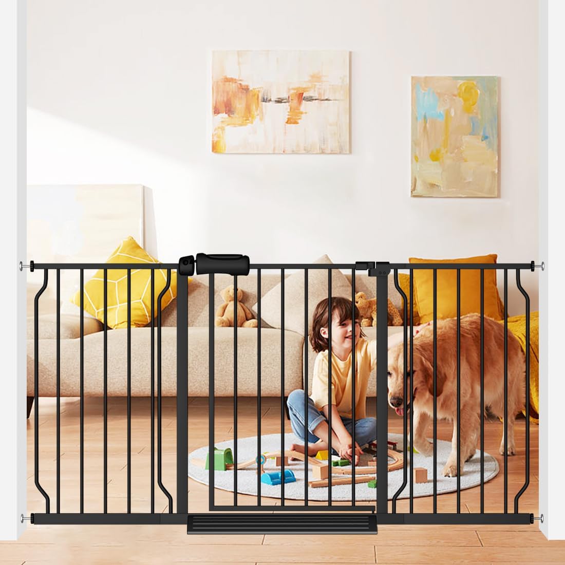 Extra Wide Baby Gate 57.5-62 Inch Black Walk THR Dog Gates Doorways House No Drill Pressure Mounted