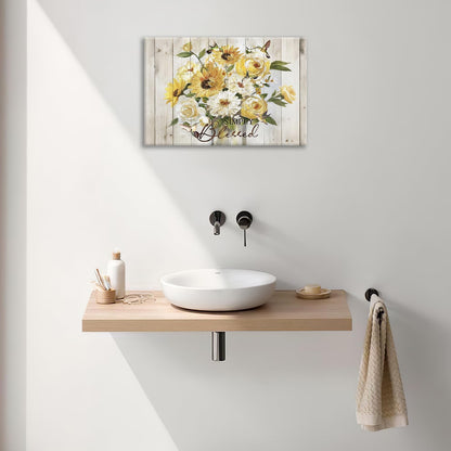 Sunflower Bathroom Pictures Wall Art, Simple Blessed Floral Bathroom Wall Decor, Flower Framed