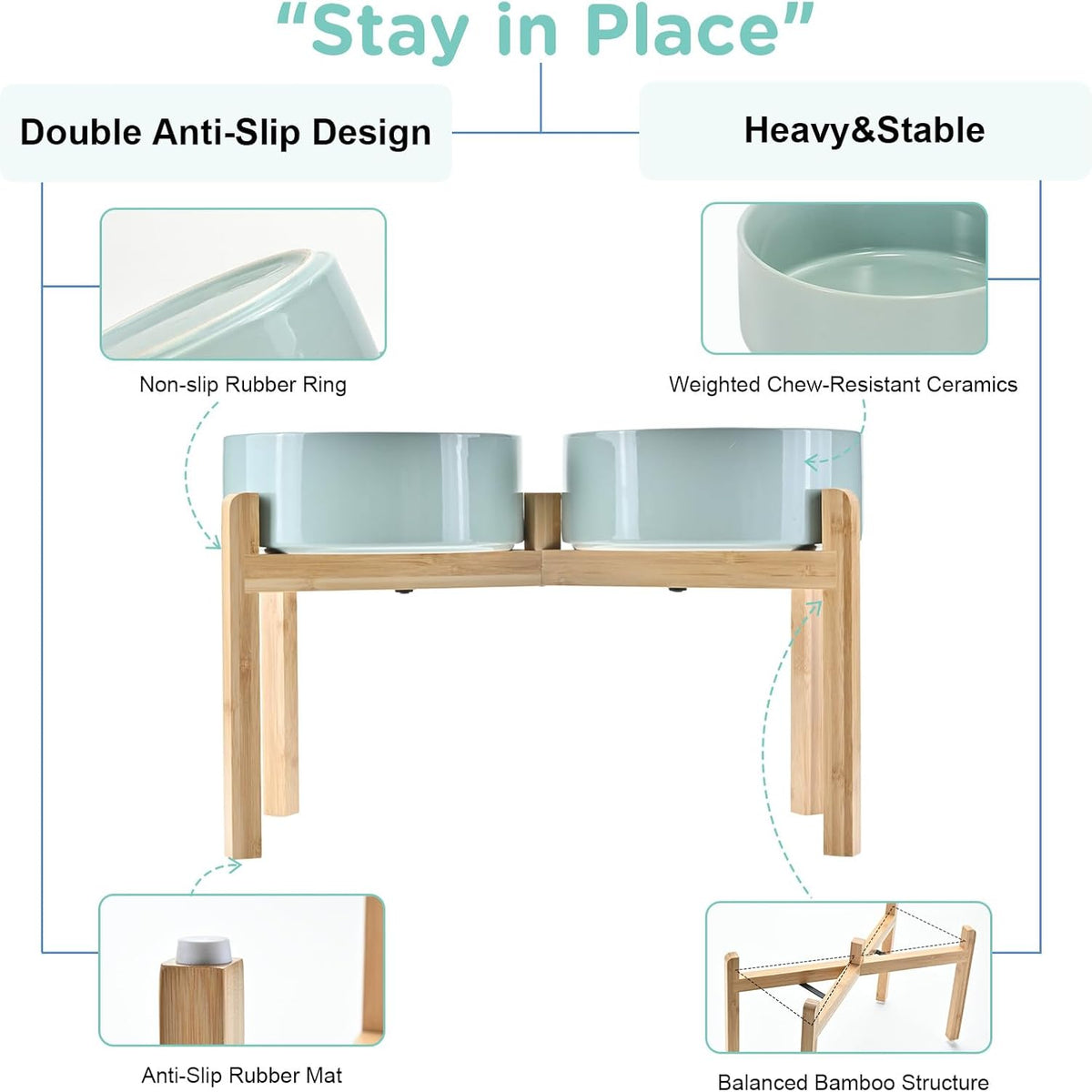 SPUNKYJUNKY Elevated Dog Bowls Ceramic, 8.3'' Dogs Food Water Bowls Raised with Non-Slip Bamboo