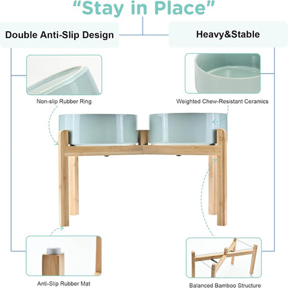 SPUNKYJUNKY Elevated Dog Bowls Ceramic, 8.3'' Dogs Food Water Bowls Raised with Non-Slip Bamboo