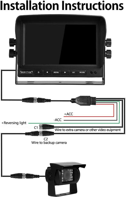 RV Backup Camera and Monitor Kit(12-24V) 7inch HD Monitor Reversing +2 Rear View Camera 170°Wide