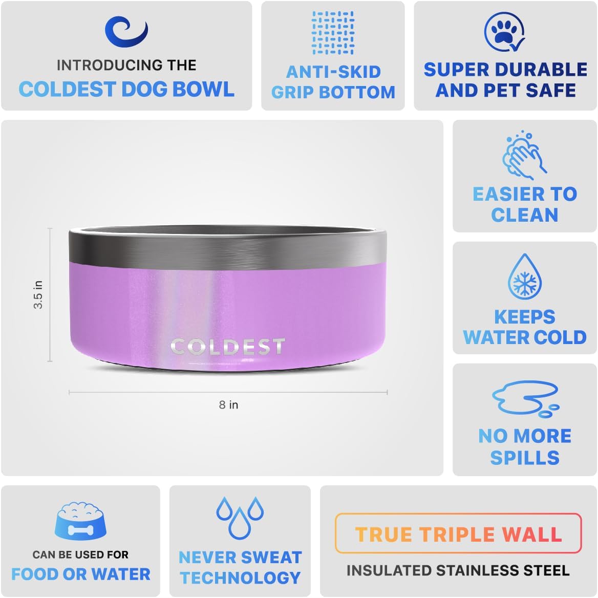 Coldest Dog Bowl - Anti Rust Metal, Non Slip, 3 Layers Insulated Stainless Steel Dog Bowls - Spill