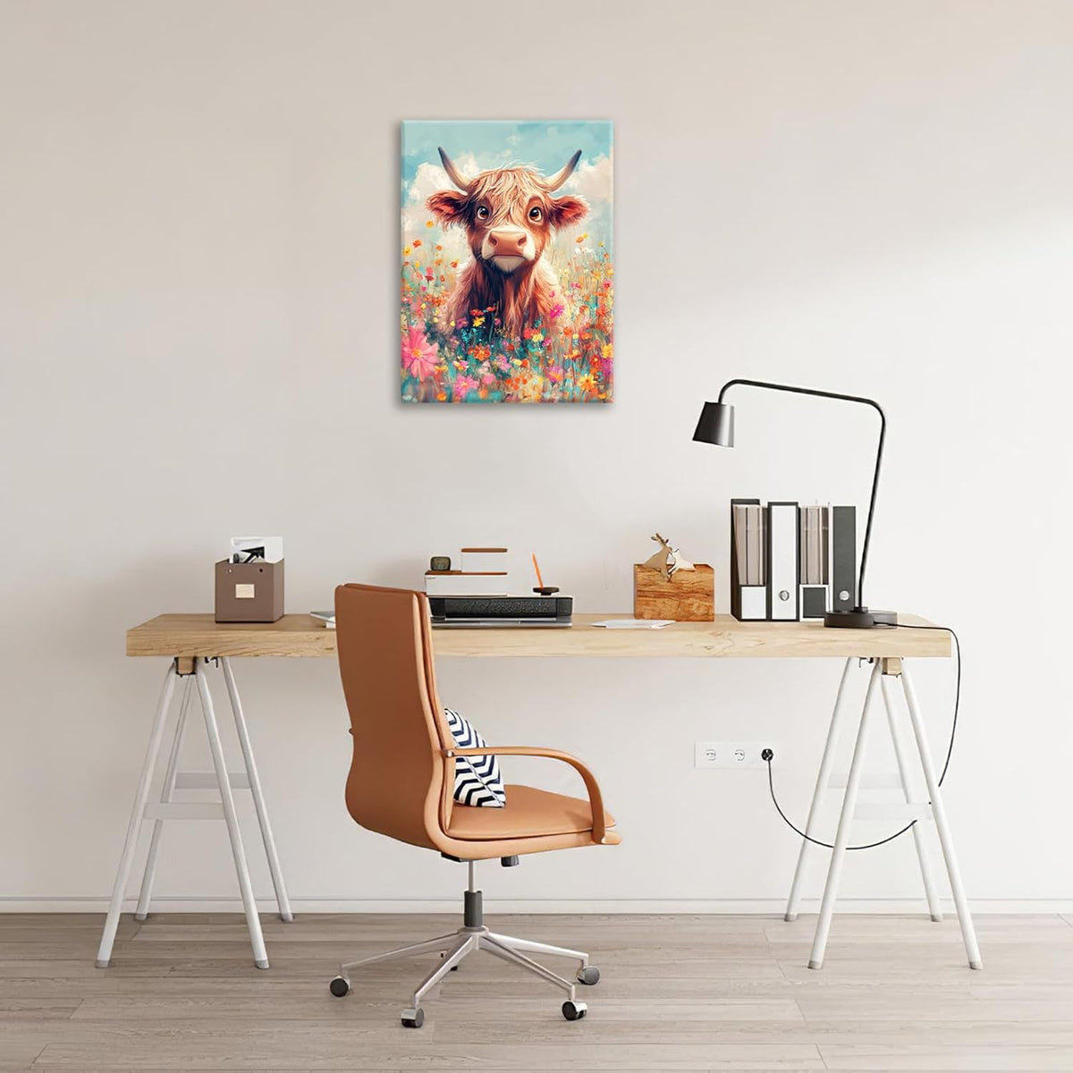 Highland Cow Wall Art Canvas Flower Cattle Wall Decor Prints Framed Painting Animal Pictures Gifts