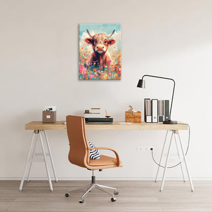 Highland Cow Wall Art Canvas Flower Cattle Wall Decor Prints Framed Painting Animal Pictures Gifts
