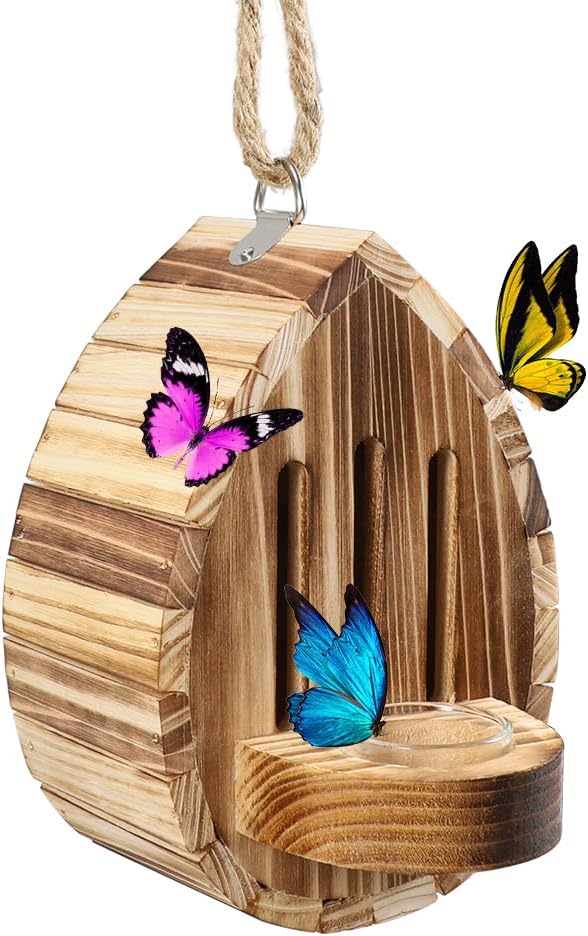Picowe Wooden Butterfly House - Natural Habitat Nesting Box With Feeder for Butterflies, Bees