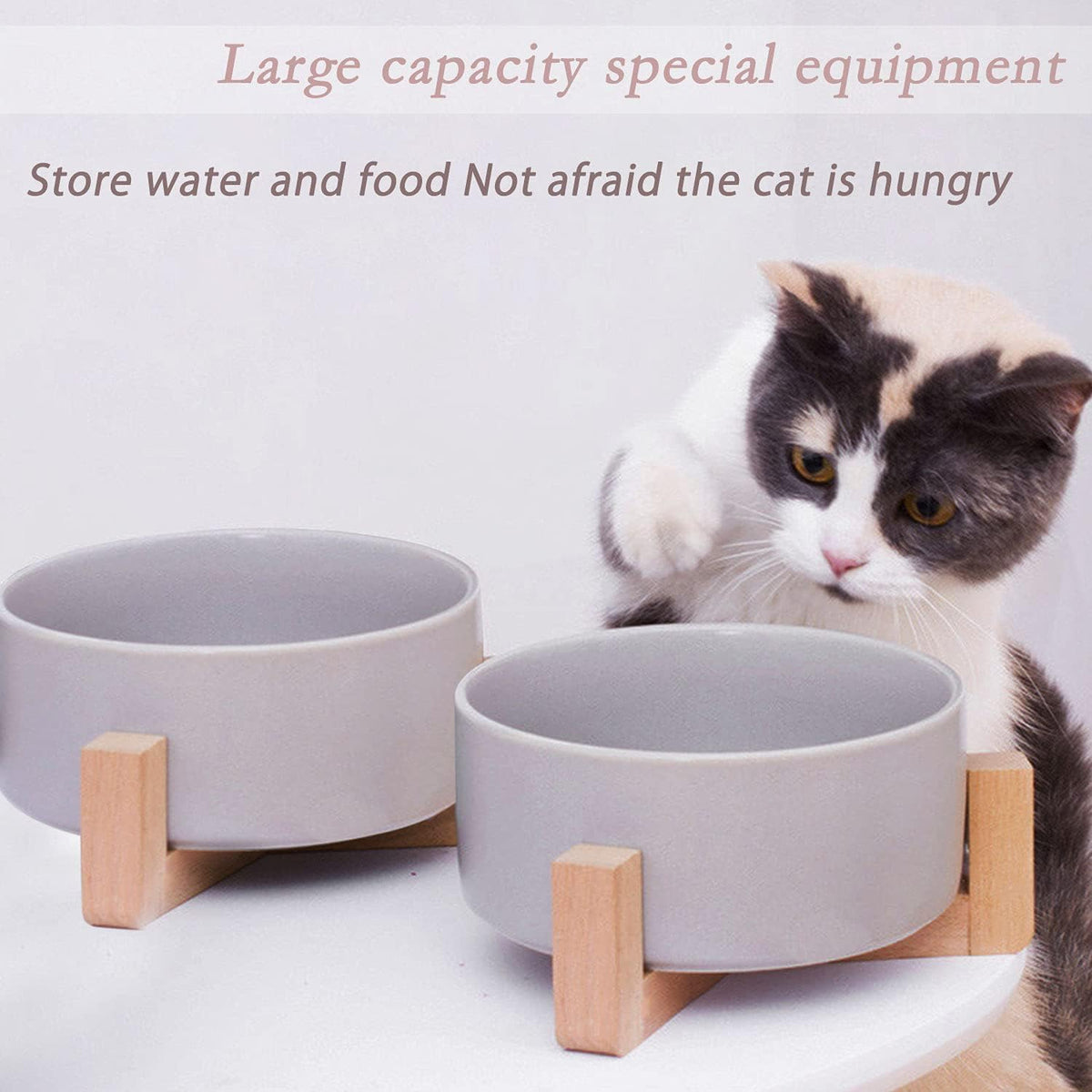 Petygooing Dog Bowls,Grey Ceramic Cat Dog Bowl Set with Wood Stand for Food and Water,Non-Slip Cute