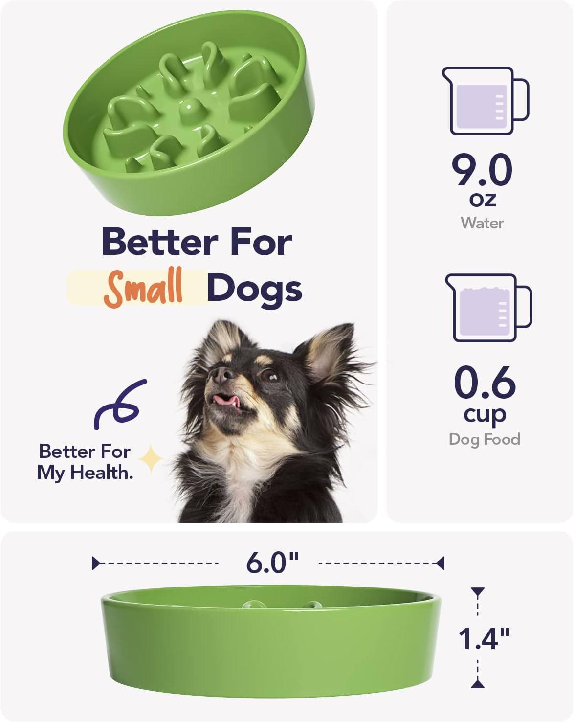 LE TAUCI Ceramic Slow Feeder Dog Bowls Small Breed, 0.6 Cups Dog Food Dish for Fast Eaters, Puzzle