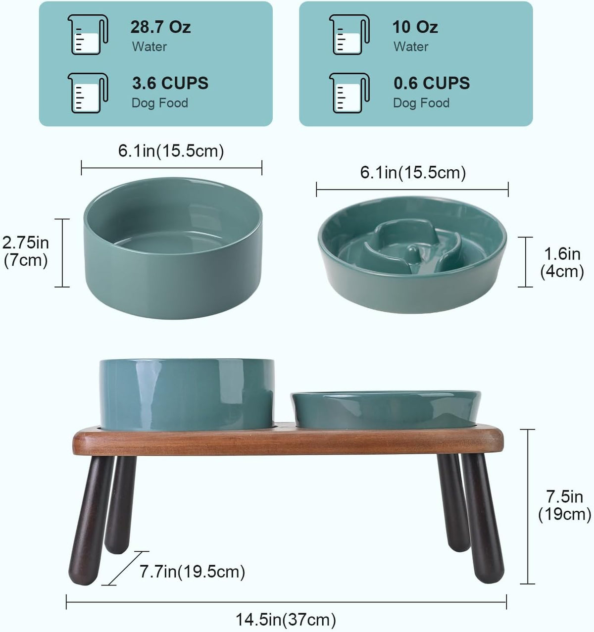 SPUNKYJUNKY Ceramic Elevated Dog Bowls with Slow Feeder Raised with Acacia Bamboo Wooden Stand
