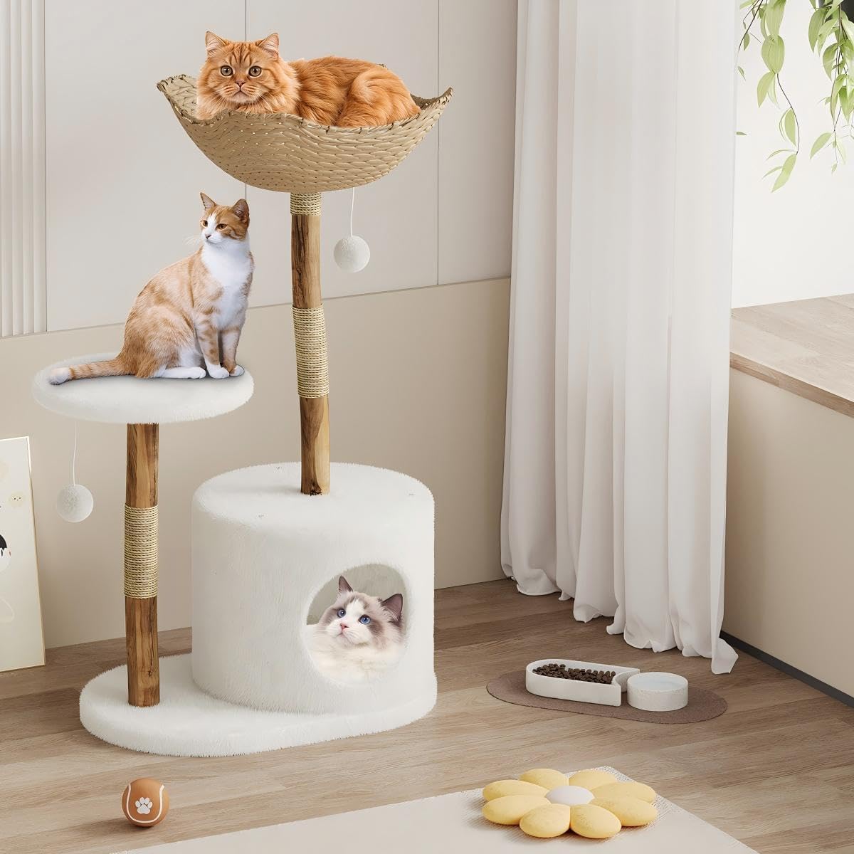 Modern Wood Cat Tree Tower for Large Cats | Luxury Solid Pear Wood Condo with Platforms, Scratching