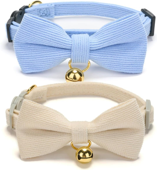 2 Pack Soft Corduroy Cat Collars with Bow Tie & Bell, Adjustable Breakaway Cotton Kitty Bowtie
