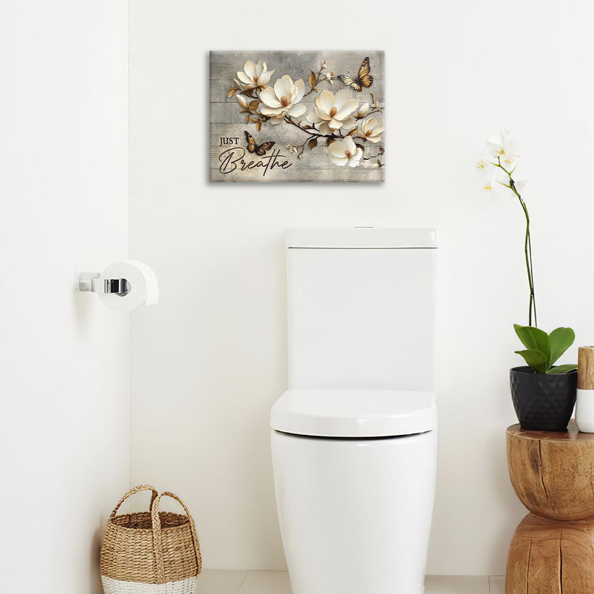 Floral Magnolia Bathroom Pictures Wall Art, Just Breathe Bathroom Wall Decor, Flower Butterfly