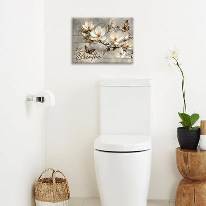Floral Magnolia Bathroom Pictures Wall Art, Just Breathe Bathroom Wall Decor, Flower Butterfly