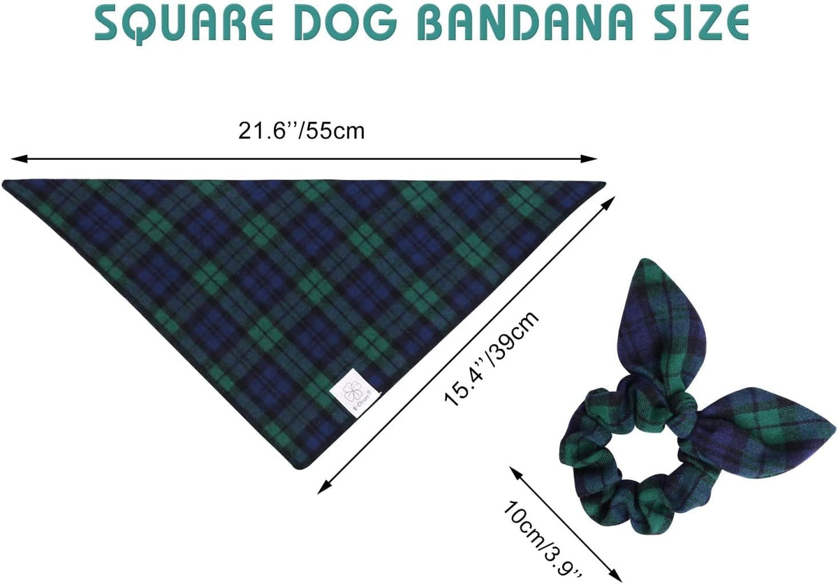 E-Clover Dog Bandanas Boy & Matching Scrunchie Set Plaid Scarf Kerchief for Small Dog Puppy Bandana