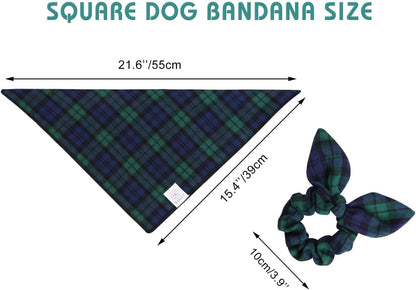 E-Clover Dog Bandanas Boy & Matching Scrunchie Set Plaid Scarf Kerchief for Small Dog Puppy Bandana
