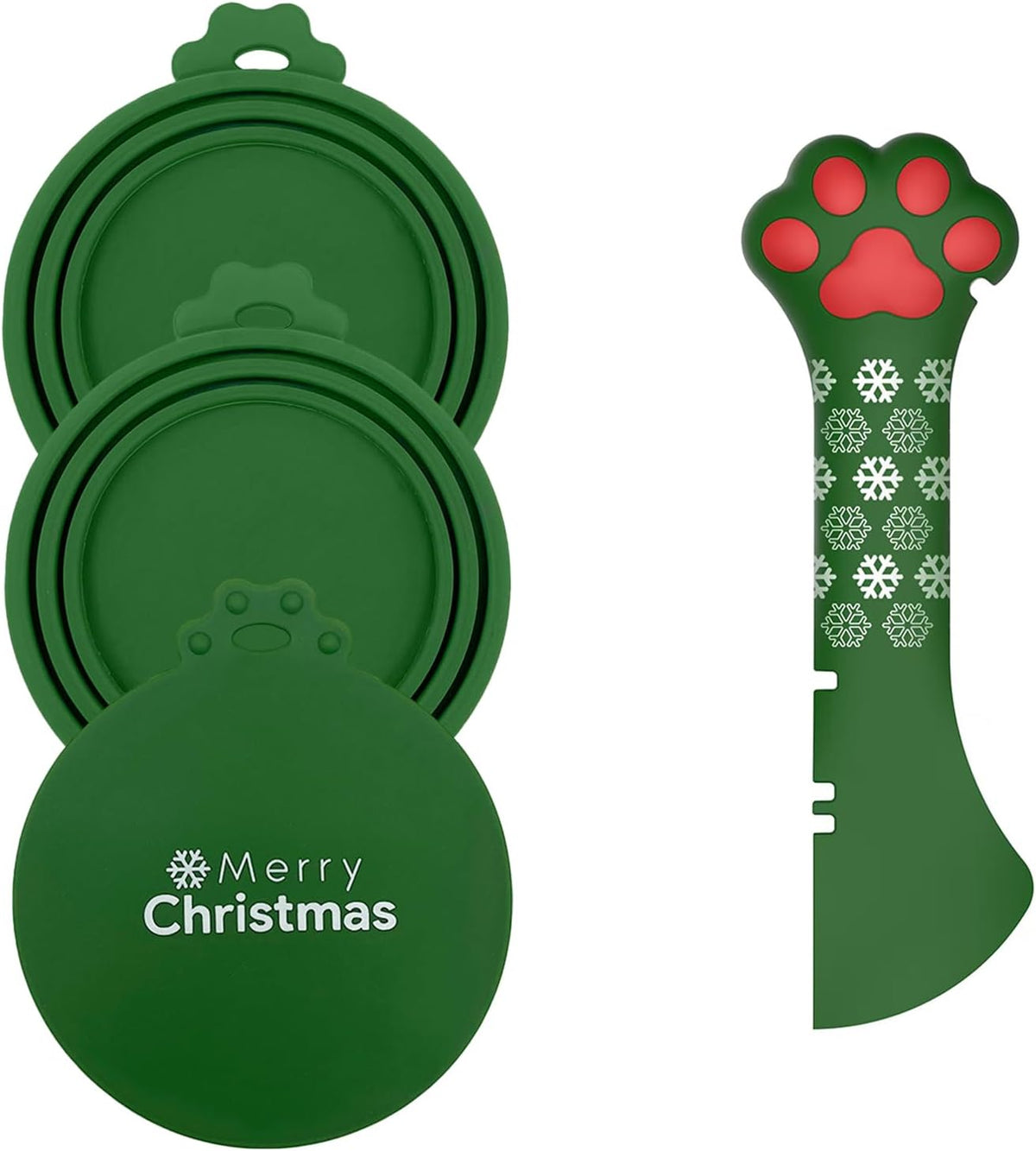 Christmas Pet Set - 3 Cat Food Can Lids & 1 BPA-Free Can Opener | Cute Paw Shape Opener Spatula