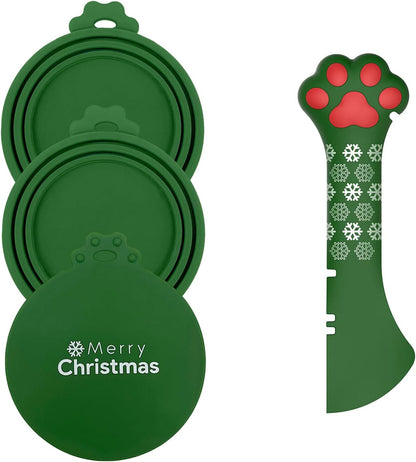 Christmas Pet Set - 3 Cat Food Can Lids & 1 BPA-Free Can Opener | Cute Paw Shape Opener Spatula