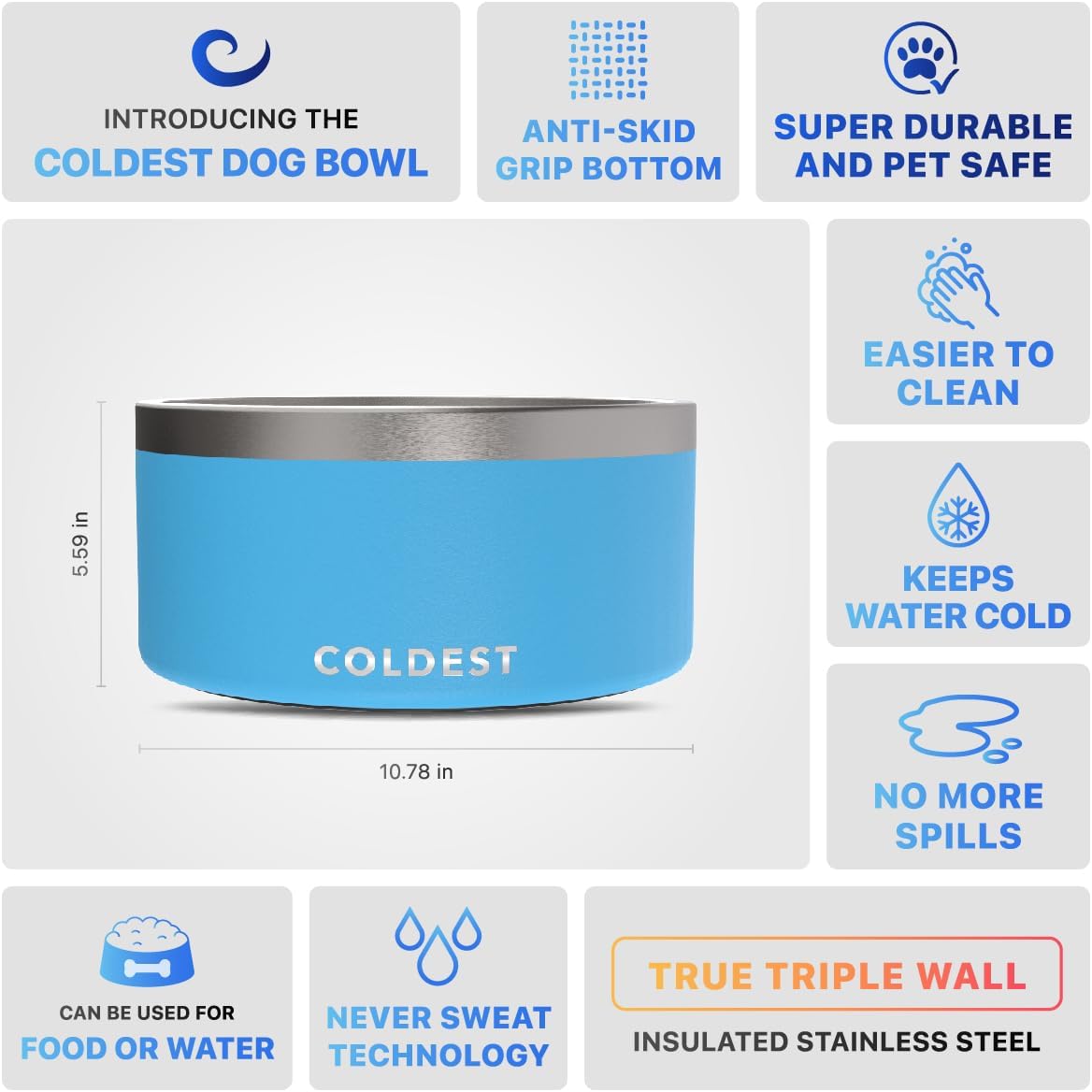 Coldest Dog Bowl - Anti Rust Metal, Non Slip, 3 Layers Insulated Stainless Steel Dog Bowls - Spill