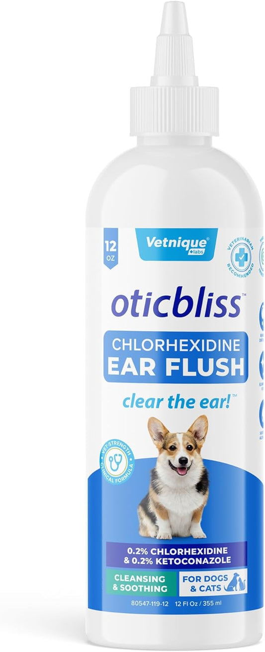 Vetnique Oticbliss Medicated Dog Ear Infection Treatment, Antiseptic Ear Cleaner for Cat & Dog Ear