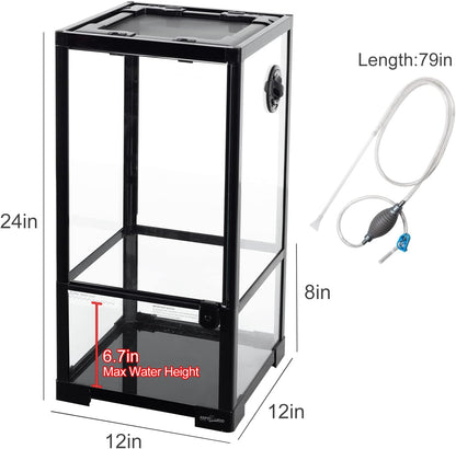 REPTIZOO 15 Gallon Full Glass Reptile Terrarium 12" x 12" x 24" Knock-Down Glass Tank and Siphon