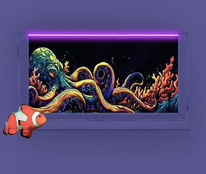 48X18IN Blacklight Octopus Sea Monster HD 3D Black Light Aquarium Background UV Reactive Background