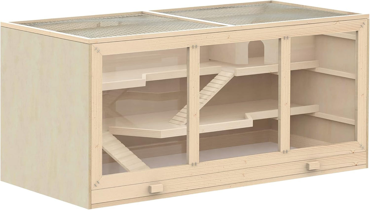 PawHut 45" Extra Large Wooden Hamster Cage, 3-Layer Chewproof Rat Cage with Opening Roof, Hut