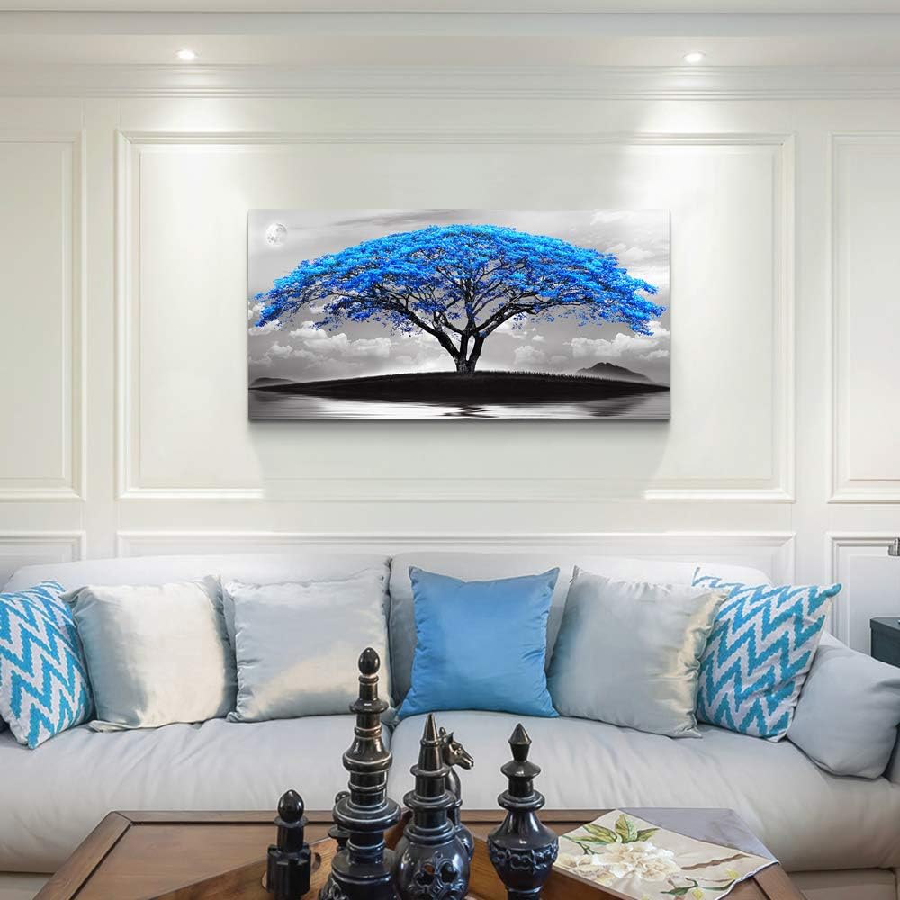 canvas wall art for living room bathroom Wall Decor Black and white landscape Blue tree moon