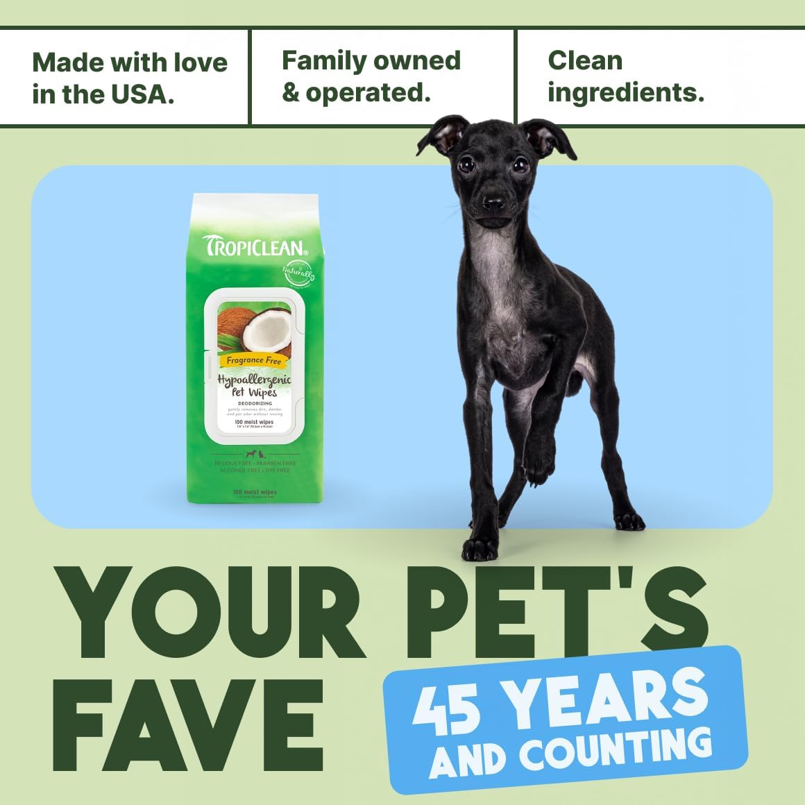 TropiClean Hypoallergenic Dog Wipes for Paws and Bottom | Fragrance Free Dog Grooming Wipes | Safe