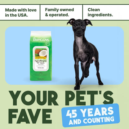 TropiClean Hypoallergenic Dog Wipes for Paws and Bottom | Fragrance Free Dog Grooming Wipes | Safe
