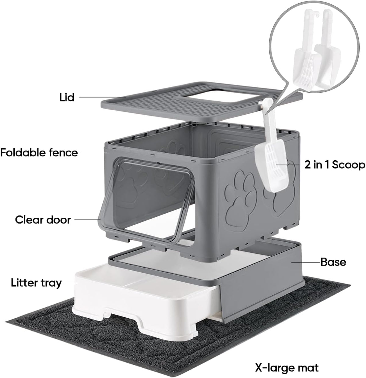 Cat Litter Box with X-Large Litter Mat and Scoop, Large Foldable Litter Box with Lid, Enclosed