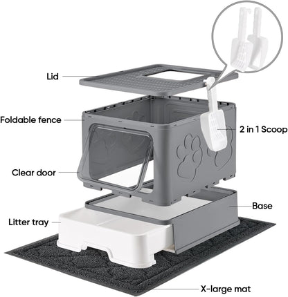Cat Litter Box with X-Large Litter Mat and Scoop, Large Foldable Litter Box with Lid, Enclosed