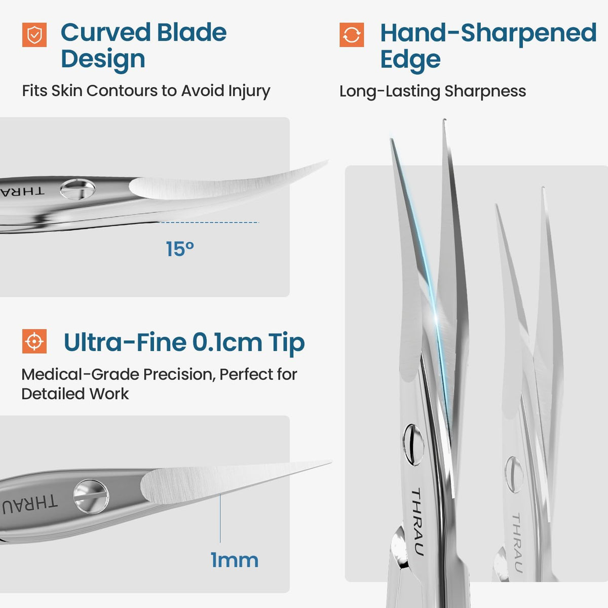 THRAU Left-Handed Cuticle Scissors – Surgical Grade Stainless Steel with Sharp Curved Tip for