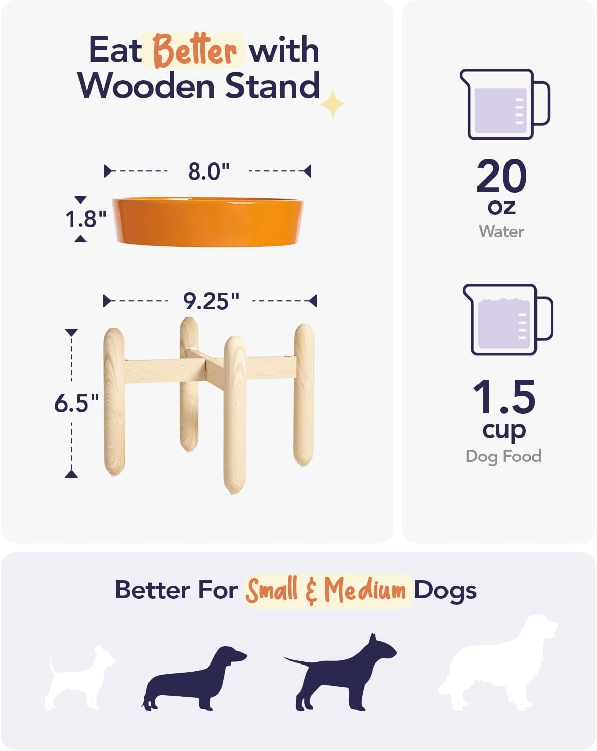 LE TAUCI Ceramic Slow Feeder Puzzle Bowl Elevated 1.5 Cup with Wooden Stand for Small & Medium Dog