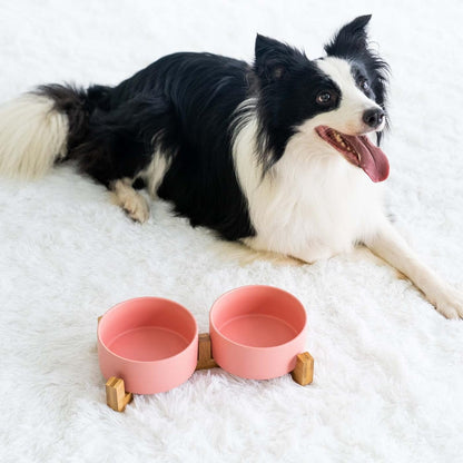 SPUNKYJUNKY Ceramic Dog and Cat Bowl with Wood Stand Non-Slip Matte Glaze Weighted Food Water Set